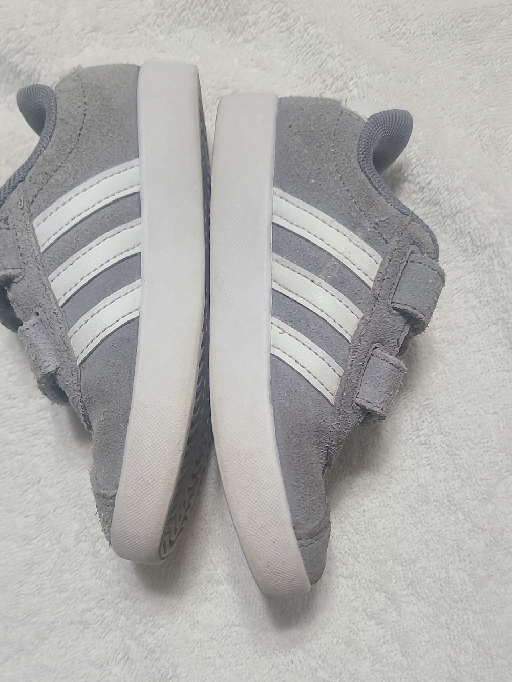 adidas Kids Gray Suede Velcro Sneakers with White Stripes